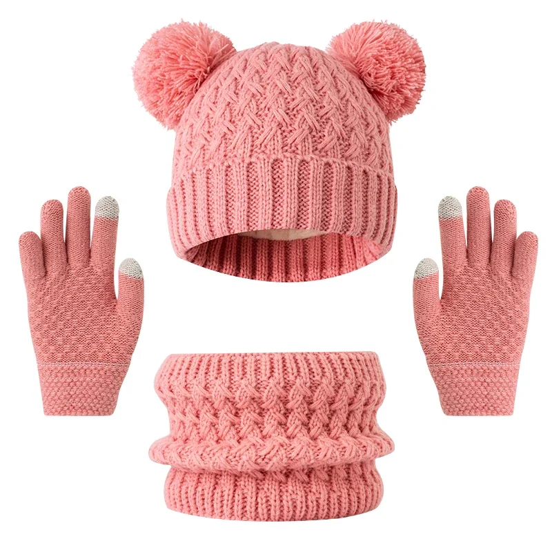 3pc3-12Y قبعة أطفال، طقم وشاح وقفازات، قبعة شتوية سميكة للأطفال مع قبعة محبوكة بنمط ندفة الثلج
