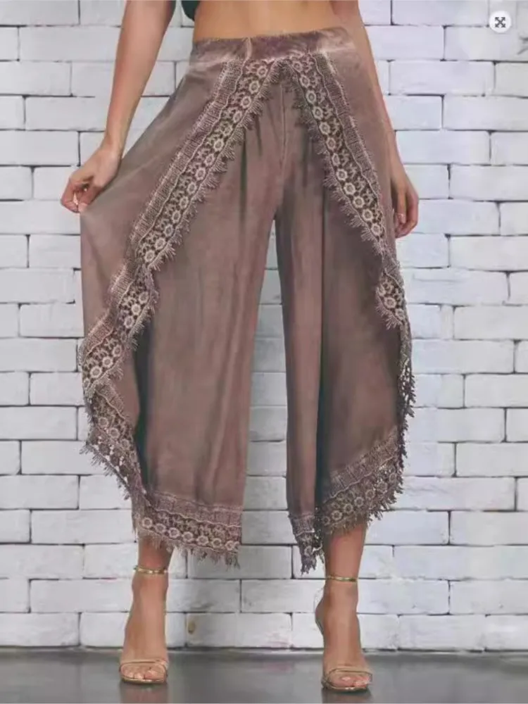 Damskie spodnie z koronką, luźne, w jednolitym kolorze, typu haremki, na plażę, lekkie, odzież damska, wiosenne, letnie, vintage.