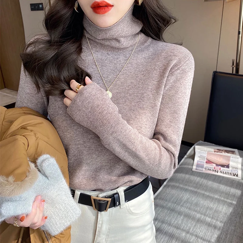 Autumn Winter Turtleneck Women Knitted Sweater New Long Sleeve Loose Pullover Knit Tops Casual Solid Color Basic Bottom Jumper