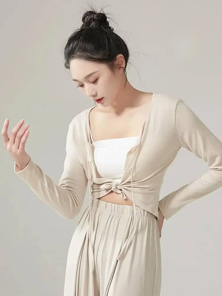 Women Long Sleeve V Neck Ballet Dance Top Solid Color Classical Stage Costume Modern Chinese Folk Performance Cardigan Shirt