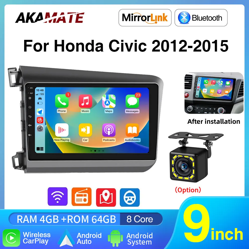 9Inch Car Radio for Honda Civic 2012-2015 Android 12.0 CarPlay Android Auto Multimedia Player Navigation GPS Bluetooth FM RDS