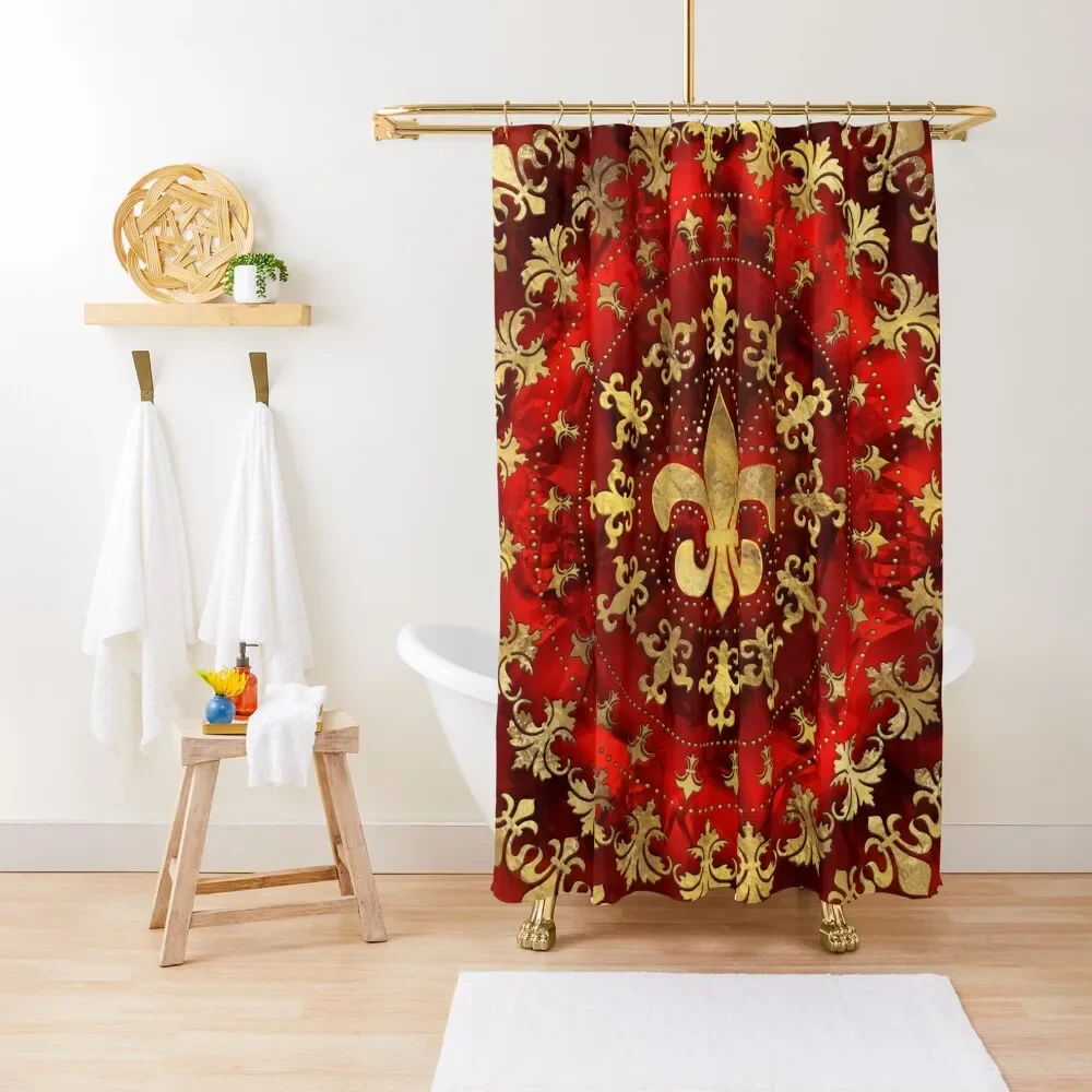 Fleur-de-lis ornament Red Marble and Gold Shower Curtain For Bathroom Shower Set For Bathroom Bathroom Shower Curtain