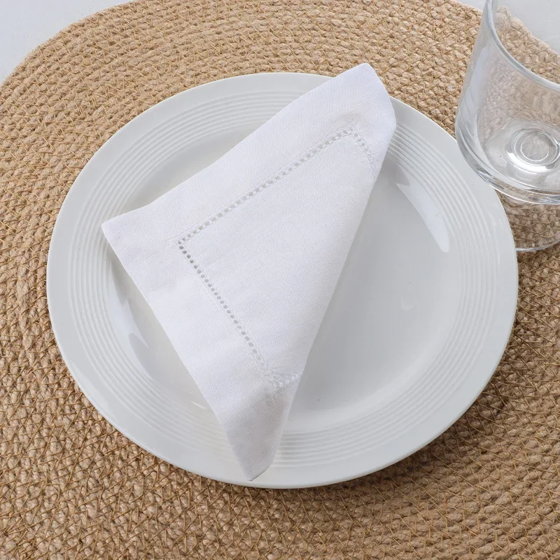 Set of 50 White Linen Hemstitched Cocktail Coasters Cotton Linen Napkin Coasters 15X15CM Washable for Wedding Drinks and Parties