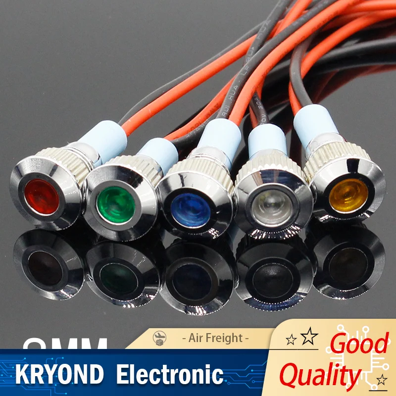 

8mm LED Metal Indicator Light Waterproof Signal Lamp Dot Light with Wire Red Yellow Blue Green White
