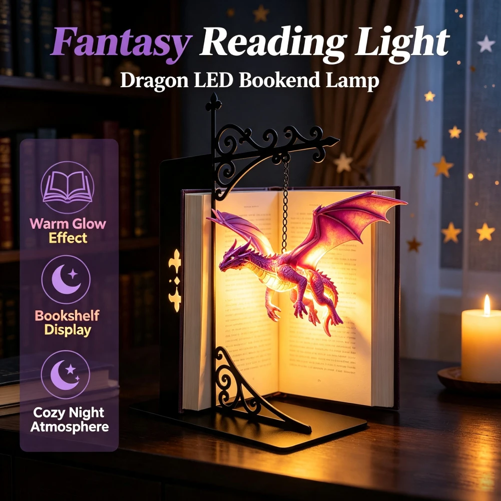 Fantasy Dragon Warm LED Bookshelf Night Light Reading Corner Shelf Lamp Metal Decor Creative Bookends Light