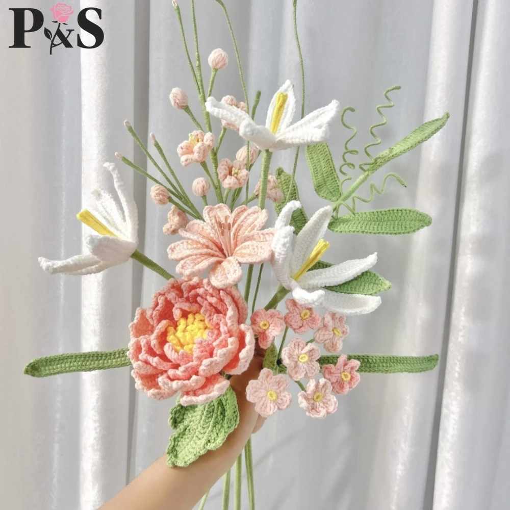 Handgefertigter gehäkelter Blumenstrauß, rosa Pfingstrose, Tulpe, künstliche Blumen für Muttertag, Freundin, Kintted-Pflanze, Heim- und Hochzeitsdekoration
