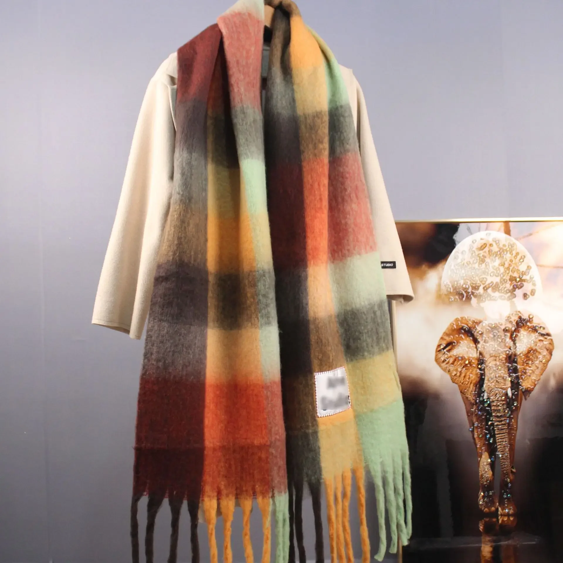 Thickened Long Women's Scarf AC Loop Yarns Warm Cross-Border Rainbow Plaid Angora Shawl For Cold Weather