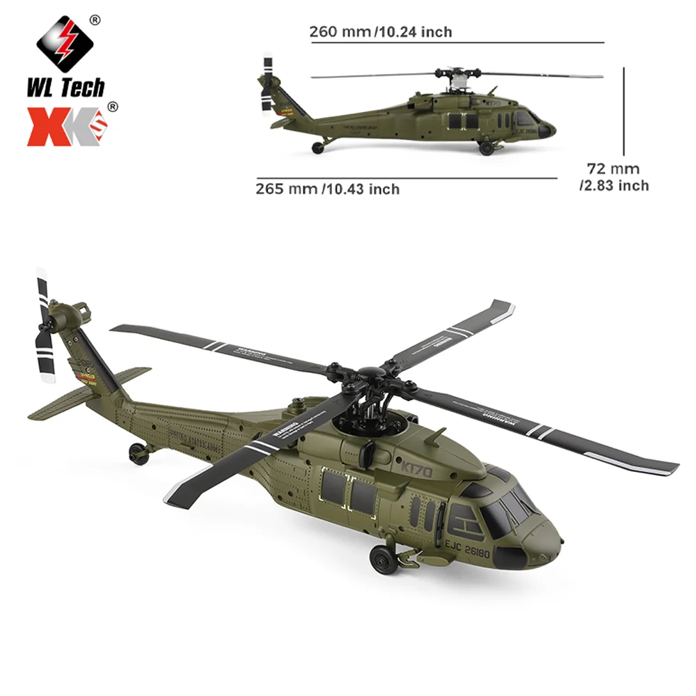 Wltoys K170 UH-60L RC Helicopter 4 Channels Brushless Remote Control Helicopters with Gyroscope and LED Light Durable Airplane Toy