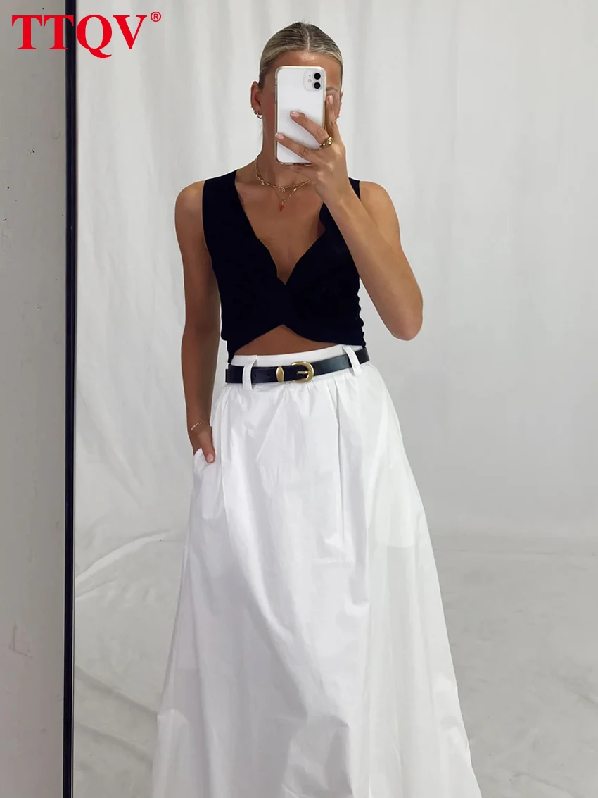 

TTQV Fashion Loose White Cotton Women's Skirt 2025 Casual High Waist Long Skirts Elegant Classic Solid Skirt Female Clothing