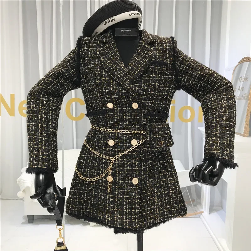 2023 New Gold thread Plaid Suit Coat Women Notched Double breasted Feather Tassel Trim Slim Tweed Jacket With Free Belt bag