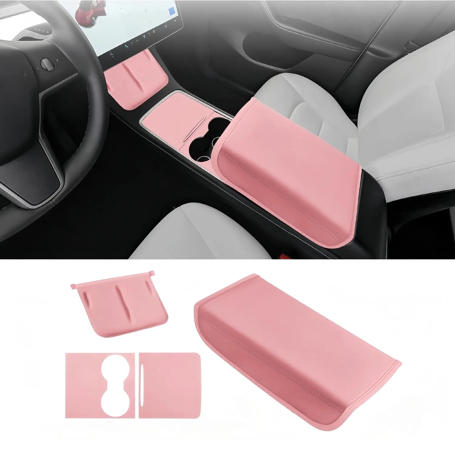 Center Console Cover Pink Compatible with Tesla Model 3/Y 2017-2024,Leather Center Console Cover for Model 3 and Model Y