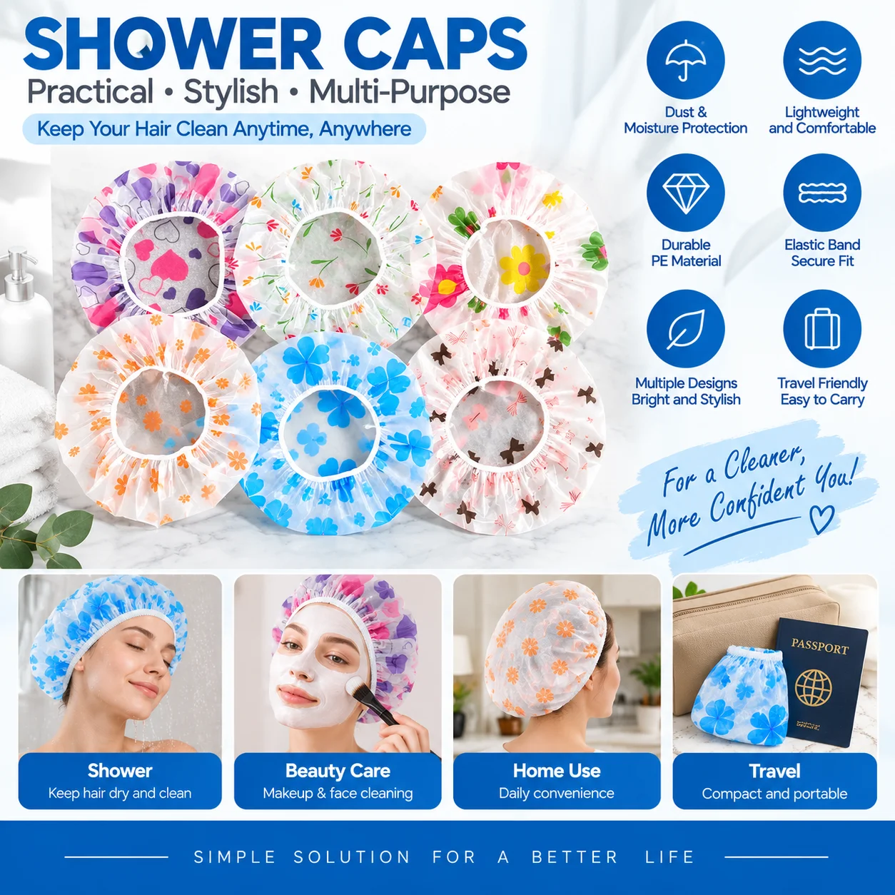 7Pcs Multi-Color Random Shower Caps, Reusable, Made of Thick Waterproof Material, Dust-Proof for Showers, Lightweight, Breathable, Not Stuffy, Dual-Use for Bathing and Cooking, Household Shower Protection Caps