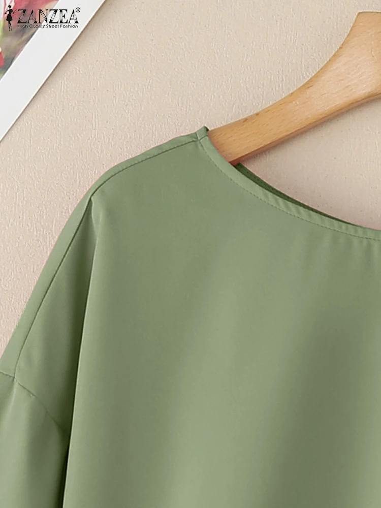 ZANZEA Womens Casual Blouses 2025 Spring Fall Round Neck Three Quarter Sleeves Blusas Mujer Day Wear Solid Color Chemise Femme
