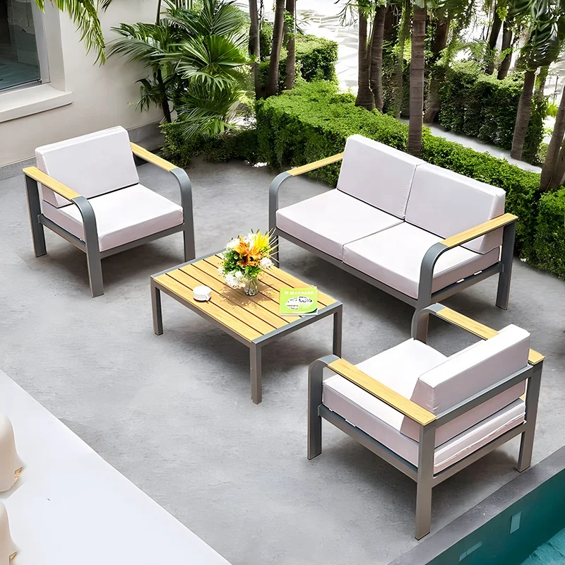 

#Outdoor Patio Furniture Set Gray Aluminum Frame Light Gray Cushions Wood Armrests with Coffee Table for Poolside Garden