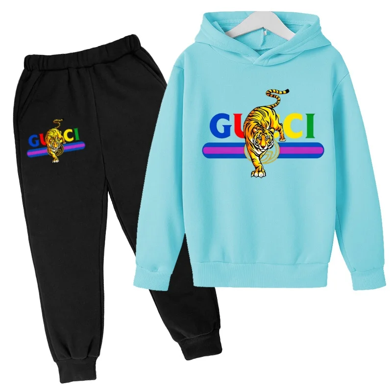 Kids Hoodie Boy Girl Student 3-12 Years Tiger Print Street Sportswear Coat+Pants 2P Leisure Top Fashion Party Sports Running Set