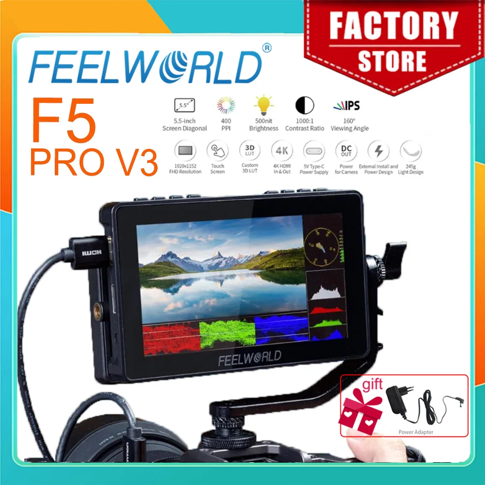 FEELWORLD 3D LUT Touch Screen F5 Pro V3 5.5 Inch DSLR Camera Field Monitor 4K HDMI Input Output Wireless Transmission LED Light