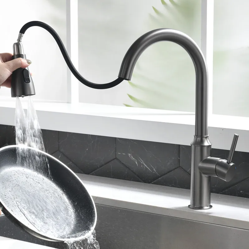 

Gray kitchen faucet black pull out spout mixer tap hot cold water sink stainless steel Stream Sprayer Head