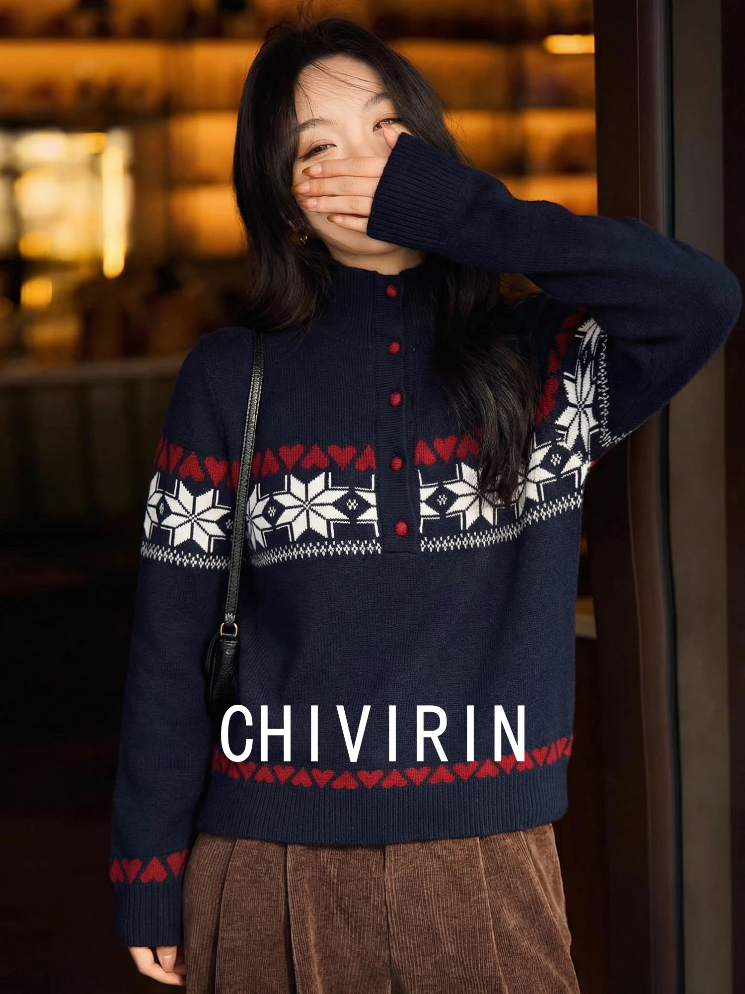 

Thiened Knitted Sweater Women's Vintage Love Print f Open Collar Soft Warm Autumn Winter Inner Wear Casual Daily Sle