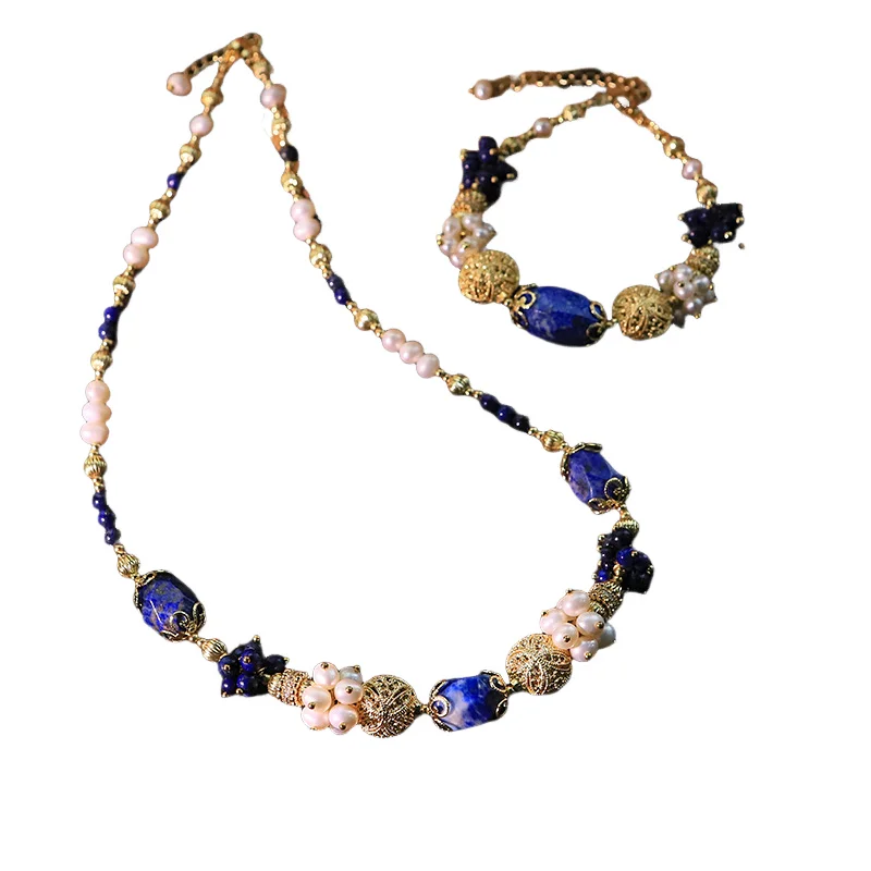 

Natural Freshwater Pearl Lapis Lazuli Beads Necklace Bracelet Set for Women Charm Choker Versatile Neck Chain Luxury Collar Gift