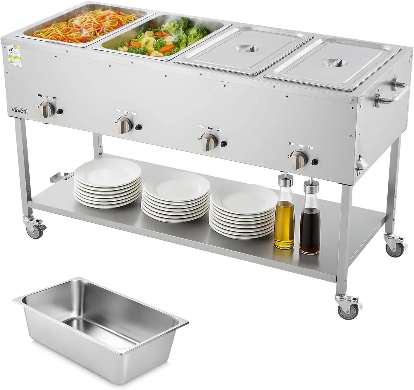 

4-Pan Commercial Propane Steam Table, LP Gas Outdoor Soup Warmer with Drain Valve and 3" Wheels, Stainless Steel Propane Food