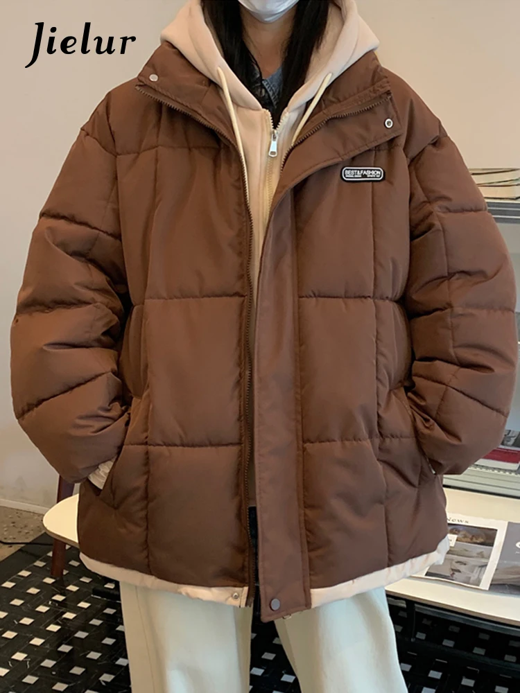 Jielur gefälschte zweiteilige Winter Kordel zug dicke warme Frauen Parkas koreanische Mode Kapuze lose schicke Reiß verschluss taschen weibliche Parkas