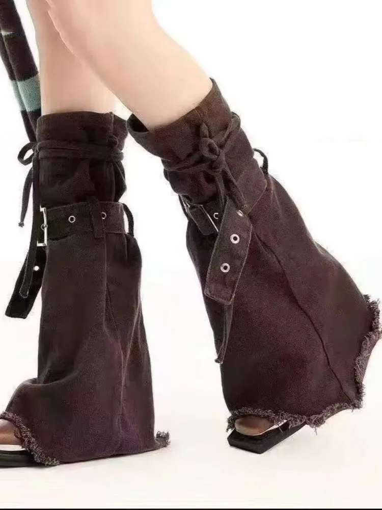 2026 Autumn Punk Denim Tassels Leg Warmer Streetwear Grunge Solid Color Socks Harajuku Vintage Bandage Belt Sock Y2k Aesthetic