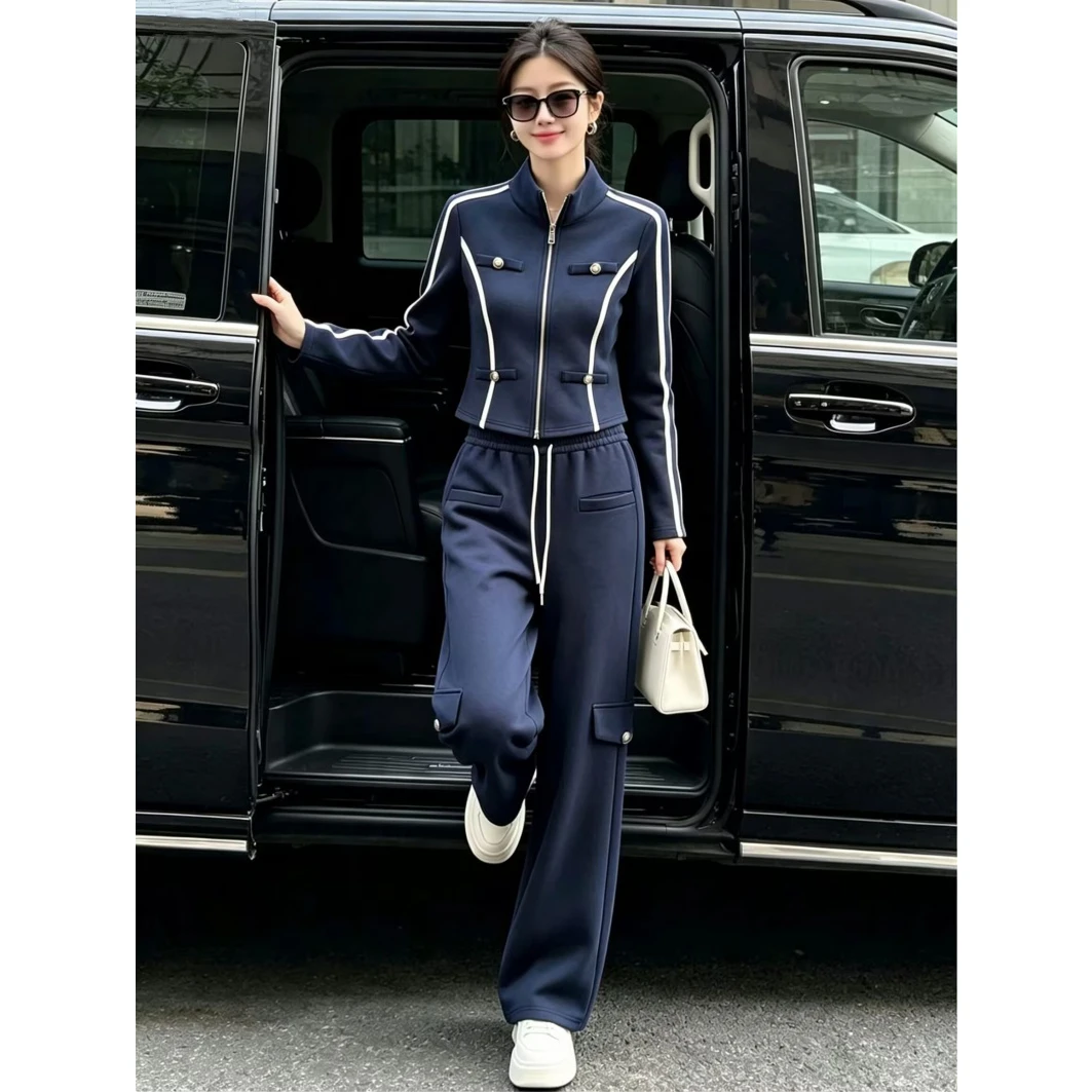 Women's Sportswear Set Slim Fit Collared Jacket Wide Leg Pants Cotton Simulation Two-Piece Spring Autumn Casual Outfit