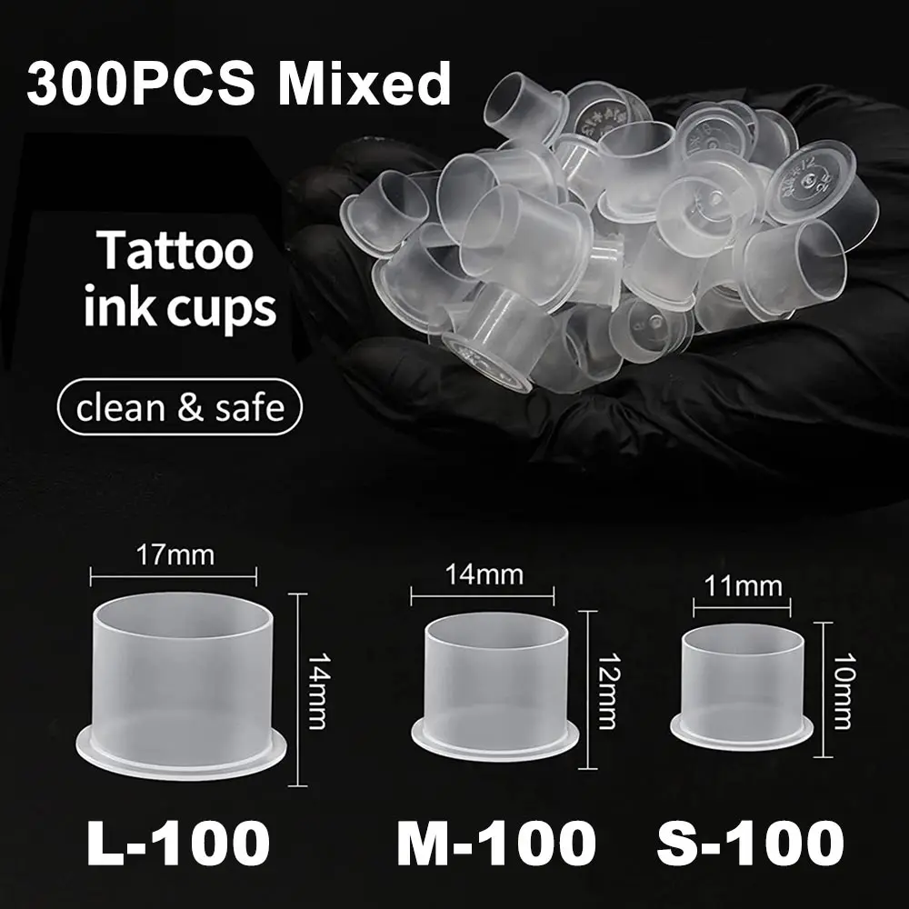 300/100 Stück Einweg-Tattoo-Tintenbehälter mit Basis S/M/L Gemischte Größen Permanent Make-up Pigmenthalter Kappen Tattoo-Zubehör