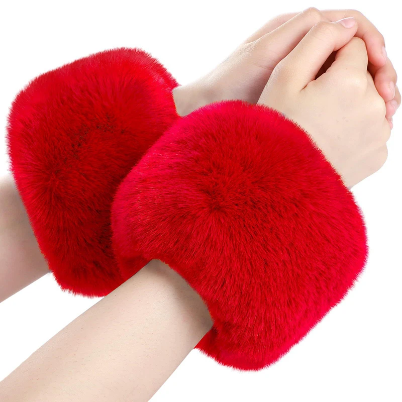 Muñequeras cortas de felpa cálidas para invierno, pulseras para mujer, mangas de mano esponjosas, accesorios de ropa de Navidad