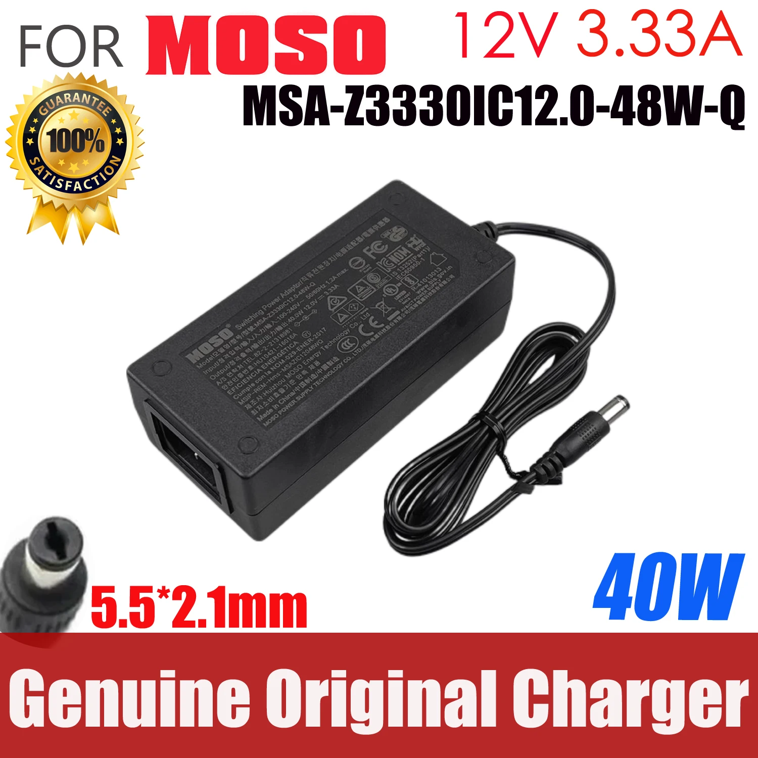 Cargador para Hikvision MOSO 12V 3.33A 40W MSA-Z3330IC12.0-48W-Q, Adaptador de Corriente Conmutada MSAZIC12048WQ NOM-029-ENER-2017 Original