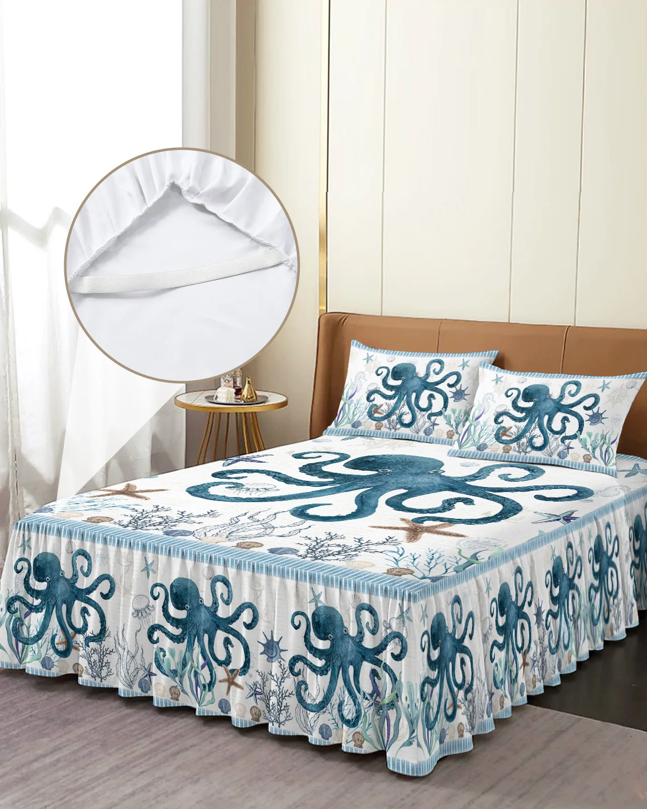 Juego de cama de estilo mediterráneo, colcha ajustada con fundas de almohada, Funda de colchón, rayas oceánicas, estrellas de mar, pulpo, falda de cama