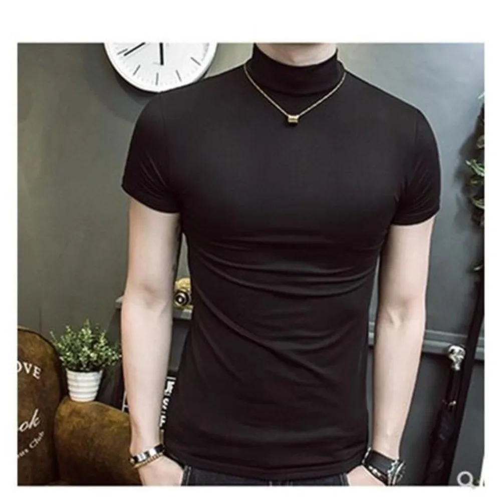 Spring and Summer Korean Harajuku Men's Casual Turtleneck Short Sleeve T-Shirt Lightweight Oversize T-shirt Men's Clothing Tops