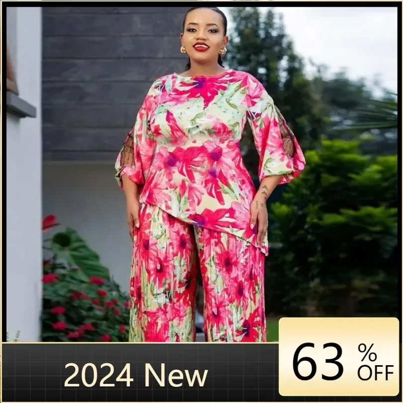 

African Clothes for Women Spring 2024 Elegant 3/4 Sleeve Polyester Print Top Pleated Pant Matching Sets Dashiki Africa Clothing