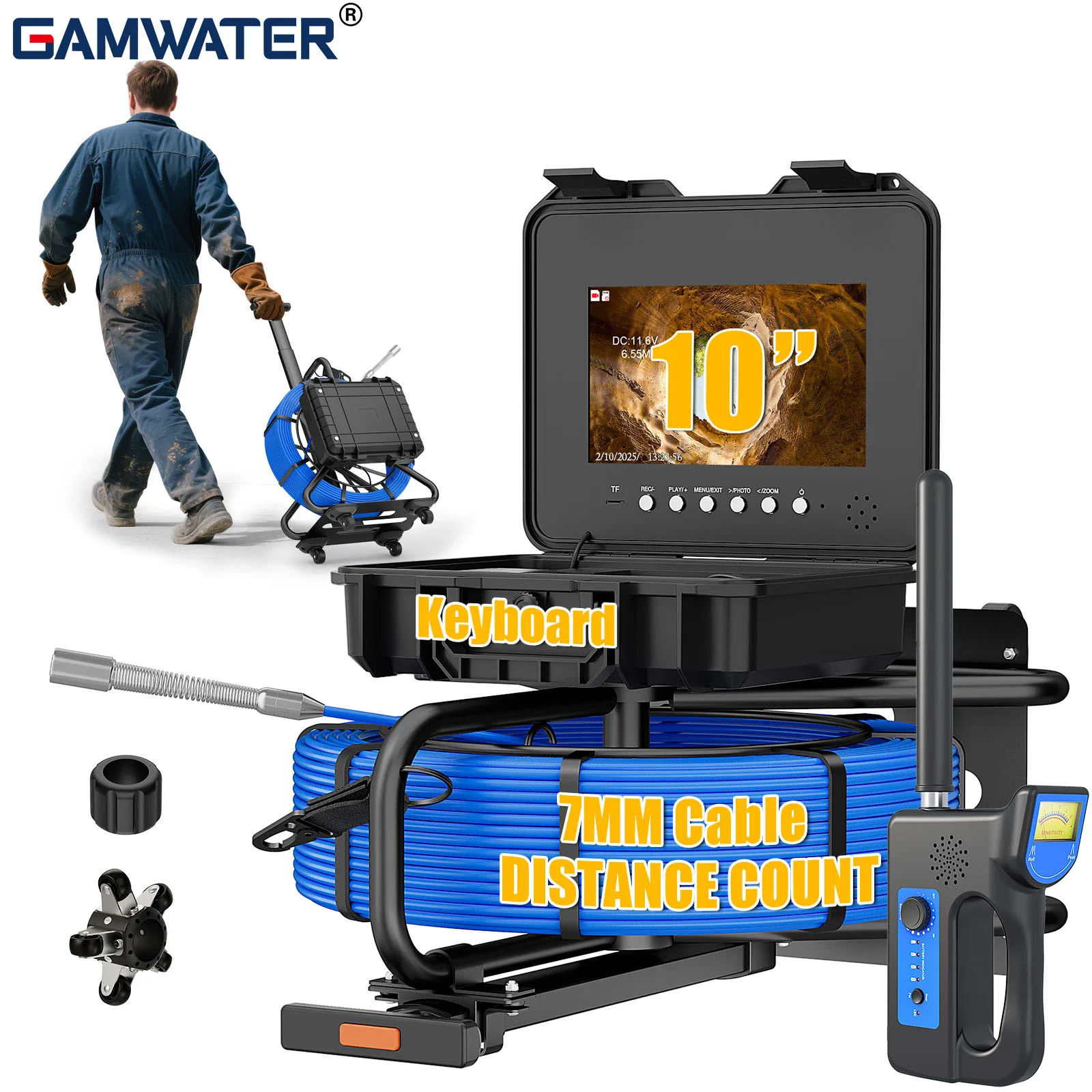 Portable Sewer Camera-512Hz Self-Leveling Drain Inspection Camera with 7mm Cable, Endoscope Camera with 12 LEDs and 32GB TF Card