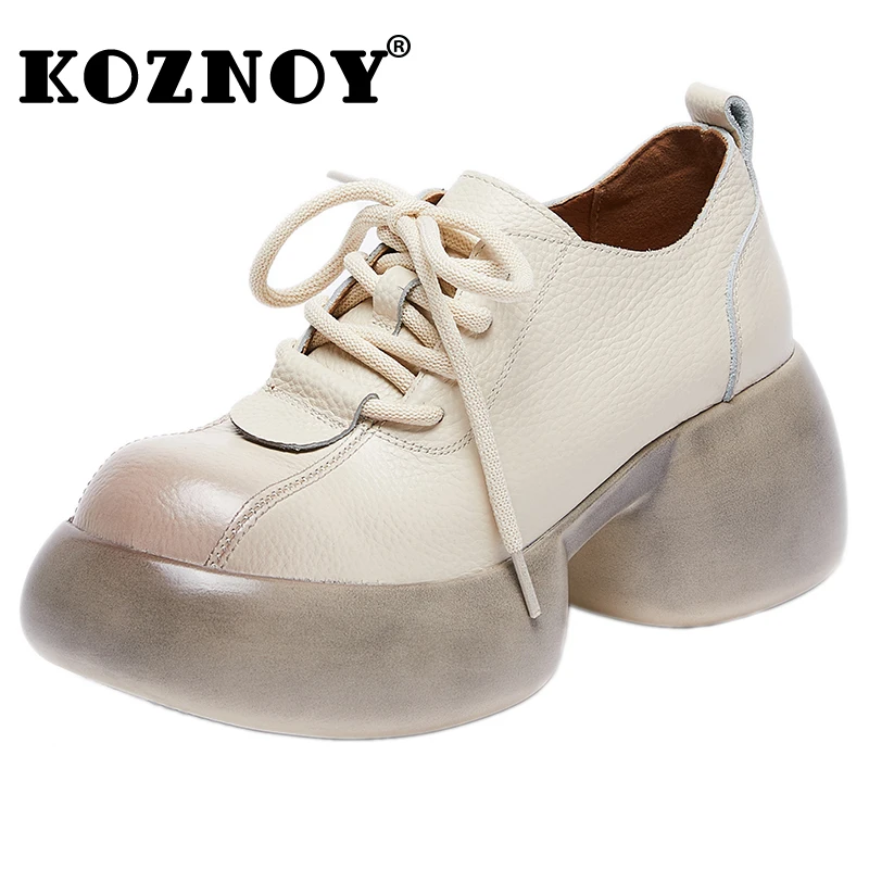 

Koznoy 7cm Natural Genuine Leather Booties Autumn Spring Comfy Platform Wedge Flats Women Mary Jane Loafers Ankle Boots Shoes