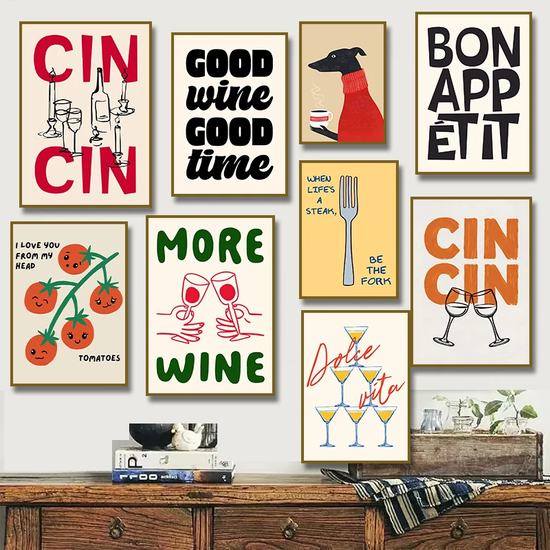 Cin Cin Wine Toast Minimalist Bon Appetit Text Poster Tomato  Lemon Illustration Canvas Painting Print Wall Kitchen Home Decor