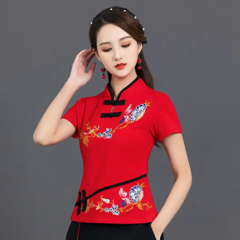 

Traditional Chinese Clothing Women's Plus Size Tops 2024 Summer Cotton Blend Embroidery Stand Collar Tang costume Shirts Woman