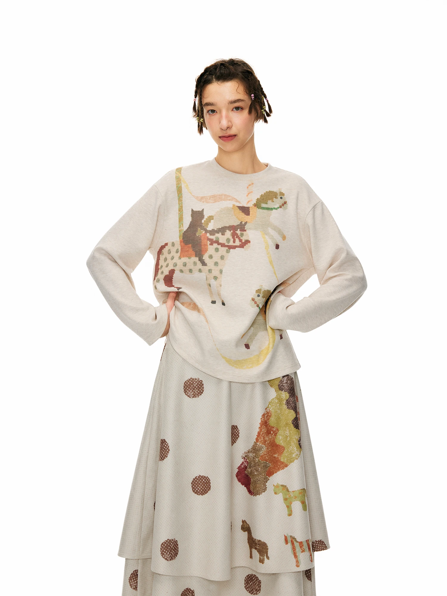 

Outthe Blue Autumn Winter Thiened Fluffy Printed Loose Long Sve Base T-irt Women's Casual Sle round Ne Top