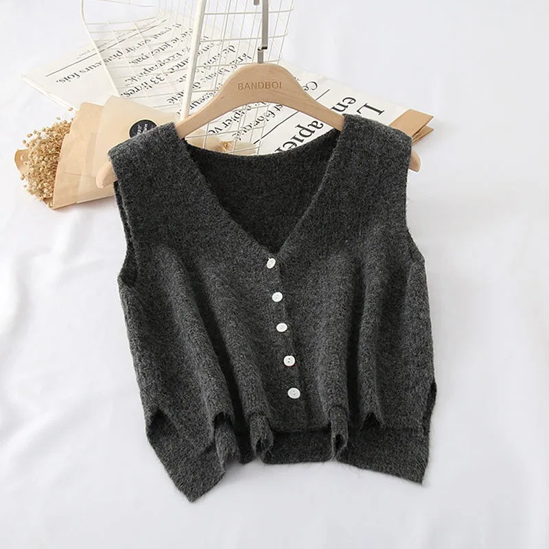 Knitted Sweater Vests Women Solid V-neck Short Chic Outerwear 6 Color Autumn Winter Tops All-match Gentle Fluffy Female Slouchy