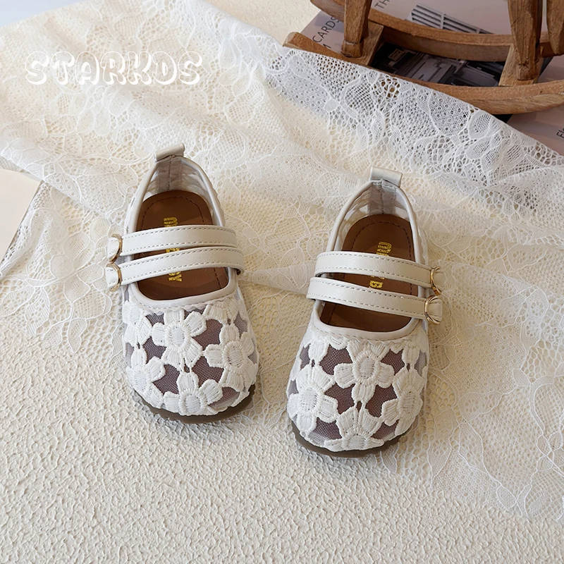 White Khaki Flower Embroidery Lace Mary Jane Shoes Kid Girls Round Toe Mesh Net Ballet Flat Baby Child Wedding Floral Shoes