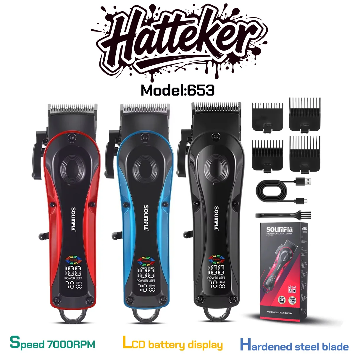 

Professional hair salon carving hair clipper HATTEKER-HT-653 7000RPM men's hair trimmer red blue black shaver