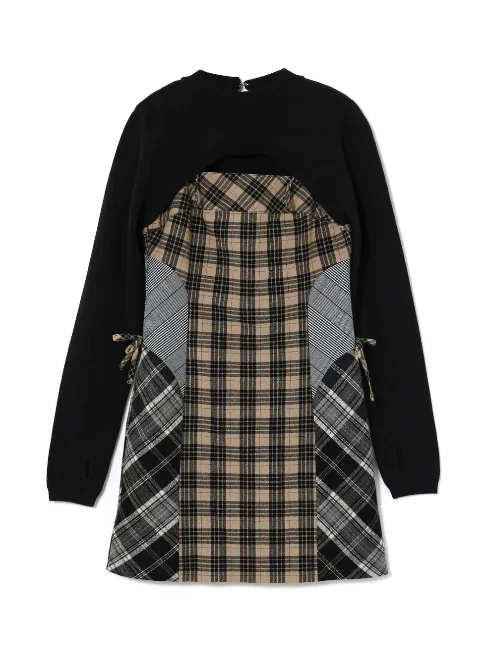 Japanese Knitted 2 Piece Dress Cute Solid Color Long-sleeved Top Retro Plaid Splicing Waist-wrapped Hip Suspender Skirt Women
