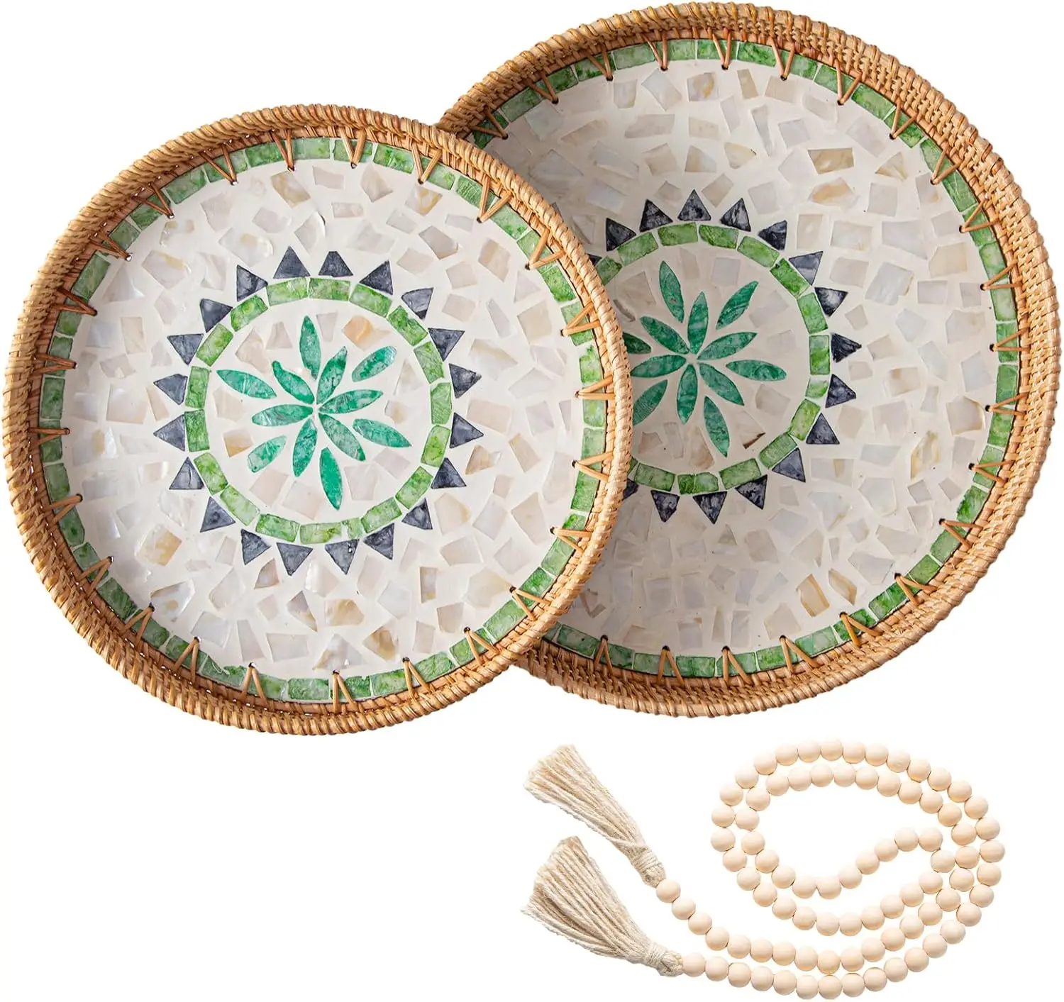 

Set Of 2 Round Rattan Tray Home Decor With Wood Bead Garland, Wicker Serving Tray With Mother Of Pearl Inlay, Boho Decorative
