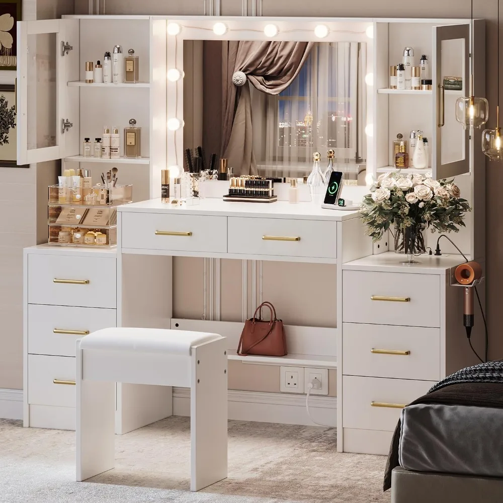 

58.3" Large Vanity Desk with Mirror & Lights, Makeup Vanity with 10 LED Lights,8 Metal Sliding Drawers & 2 Cabinets,White Vanity
