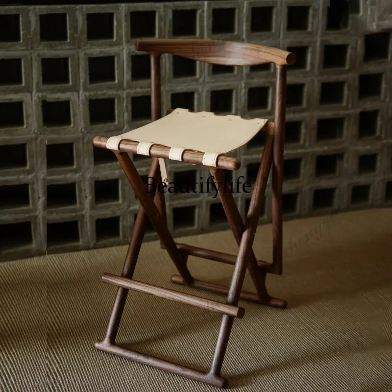 A4567 Nordic retro bar folding chair solid wood high chair casual tea chair cowhide sitting surface