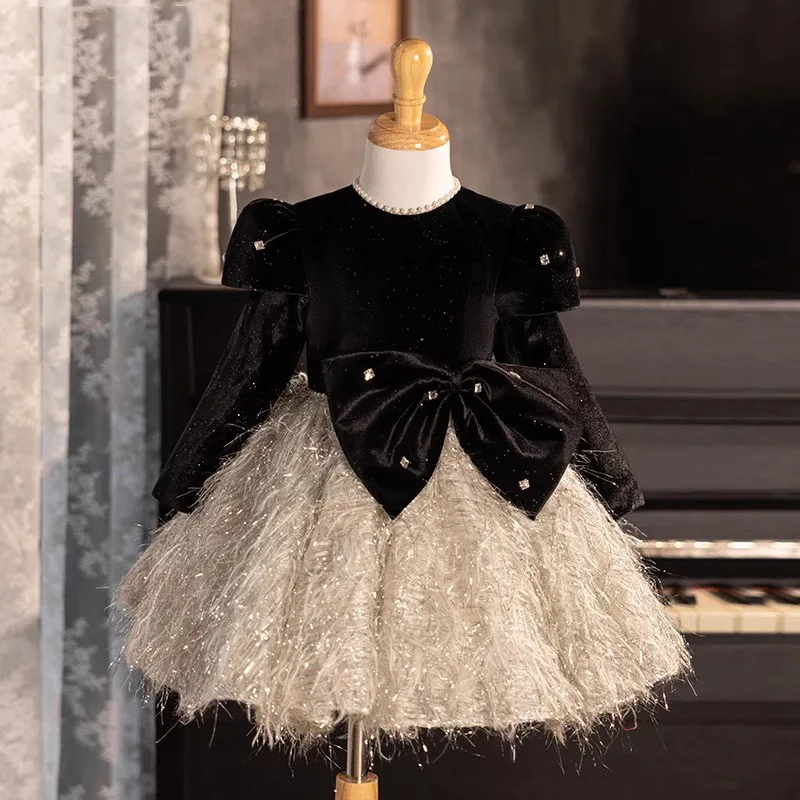 

Girls Princess Clothes Baby 1st Birthday Dress Flower Girl Fluffy Vestidos Kids Party Dresses Children Black Sequins Ball Gown