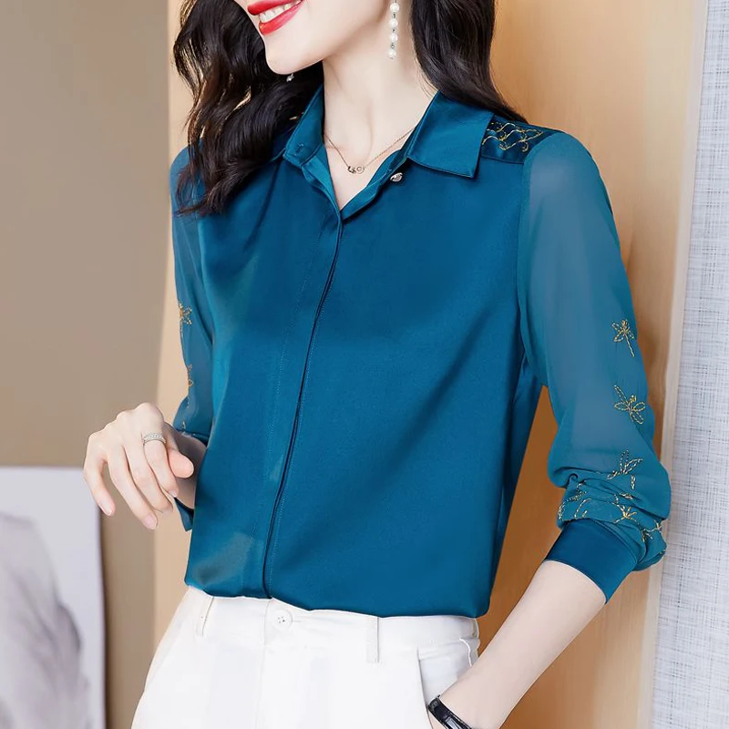 Women\'s Korean Fashion Vintage Button Up Shirt Office Lady Elegant Embroidery Slim Blouse Casual Solid Long Sleeve Tops Blusas