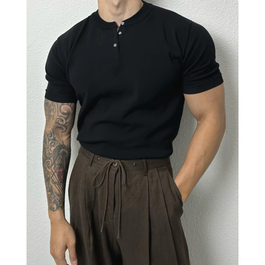 American Henry Collar Knitted Ice Silk T-Shirt Short Sleeve Slim Fit Elastic Waist Design Sensation Tight Sleeve Sweatshirt