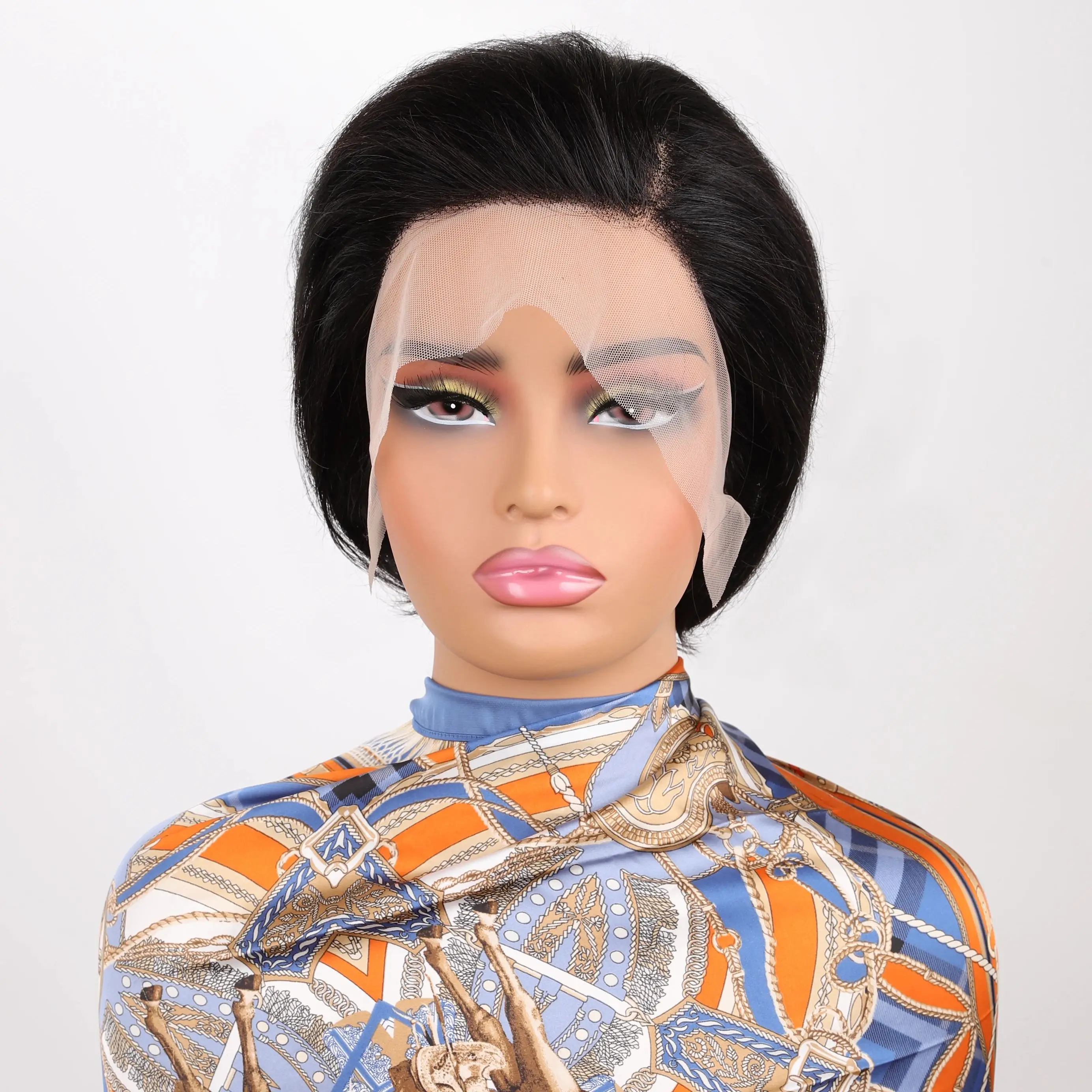 ショートピクシーカットストレートヘアウィッグナチュラルブラックヘアウィッグ