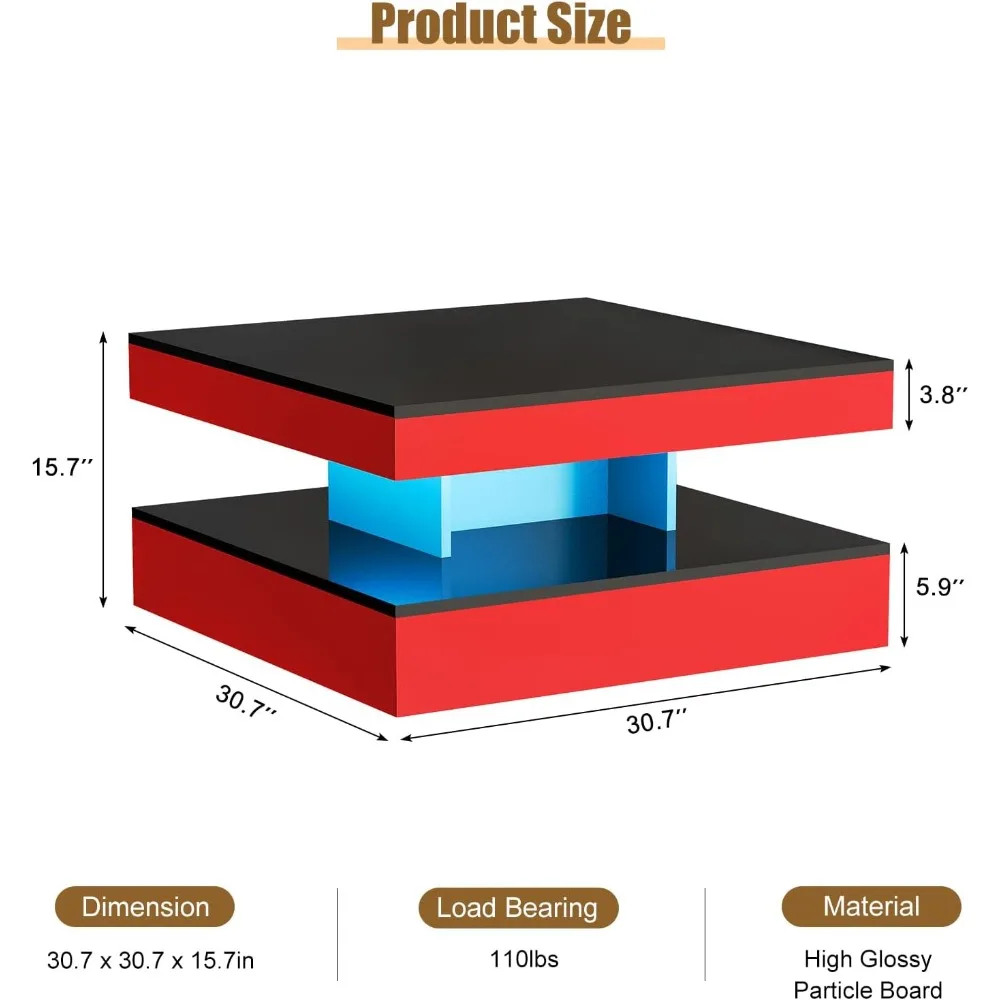 Красный светодиодный журнальный столик для гостиной, стол для гостиной, 2-уровневый квадратный современный глянцевый современный деревянный журнальный столик